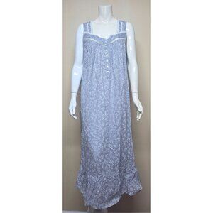Eileen West Gray White Bow floral Sleeveless Lace Detail Long Ruffle Nightgown S